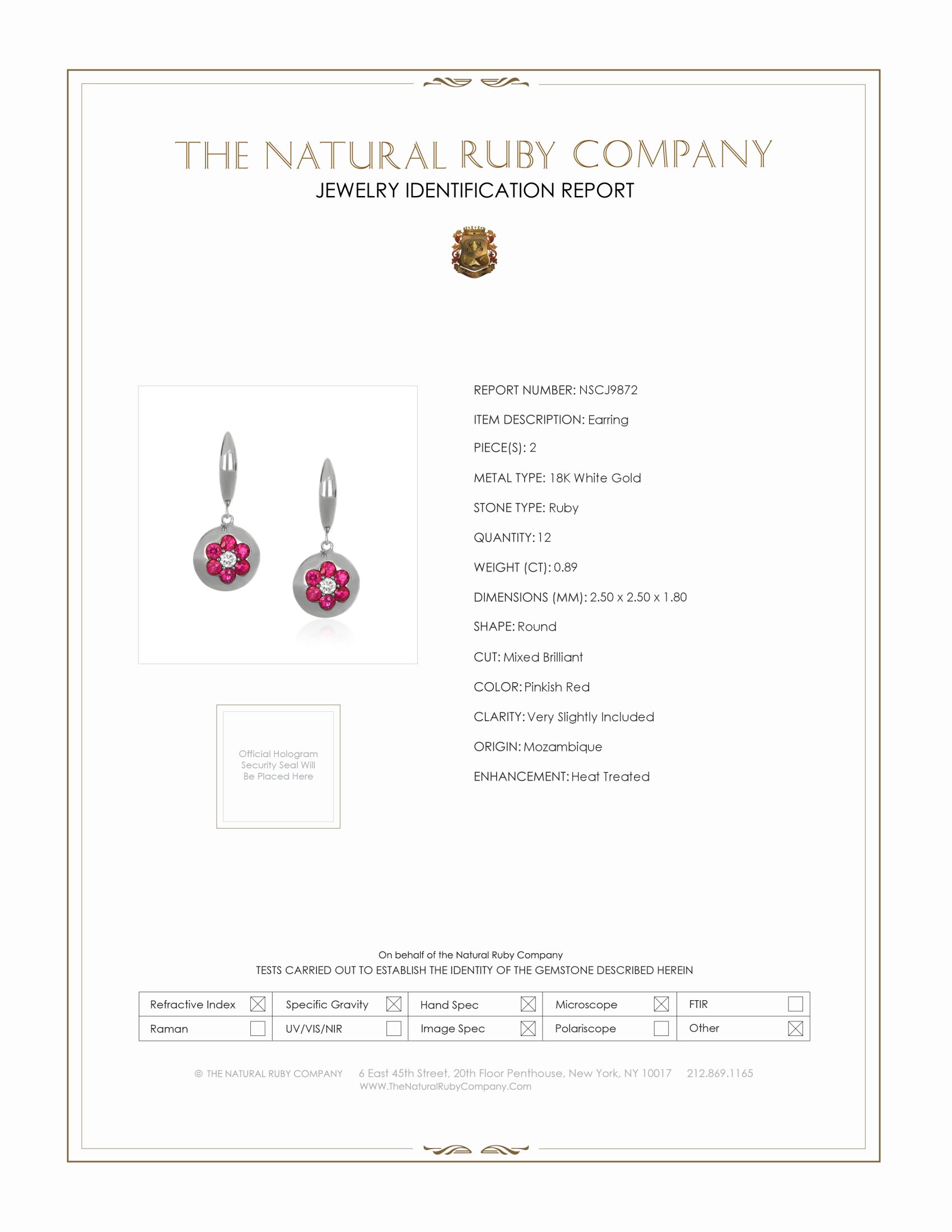0.89 Ct.Tw. Pinkish Red Ruby and Natural Diamond Pave Earrings, 18K White Gold
