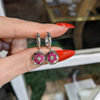 0.89 Ct.Tw.Total Carat Weight Pinkish Red Ruby and Natural Diamond Pave Earrings, 18K White Gold Life Style