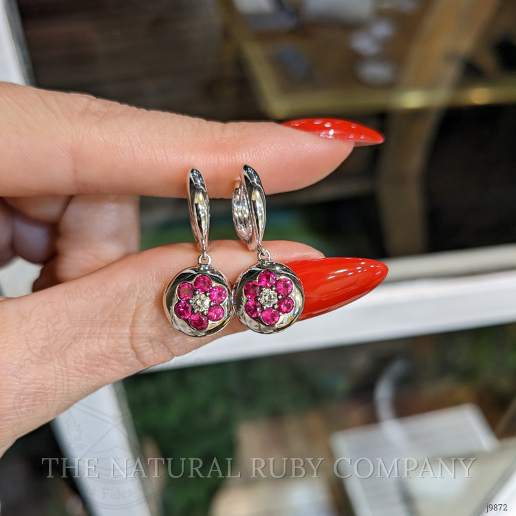 0.89 Ct.Tw. Pinkish Red Ruby and Natural Diamond Pave Earrings, 18K White Gold