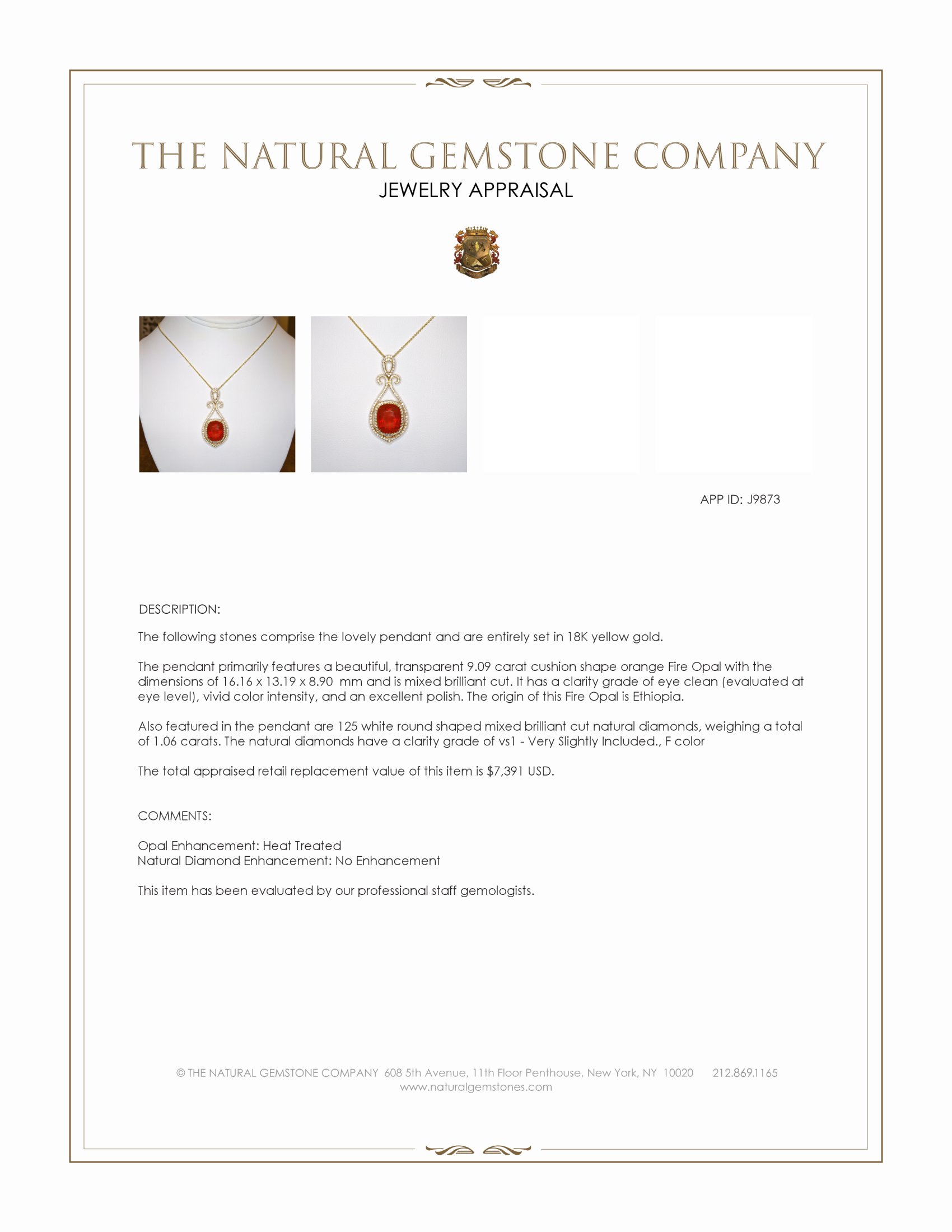 9.09 Ct. Orange Opal and Natural Diamond Pave Pendant, 18K Yellow Gold