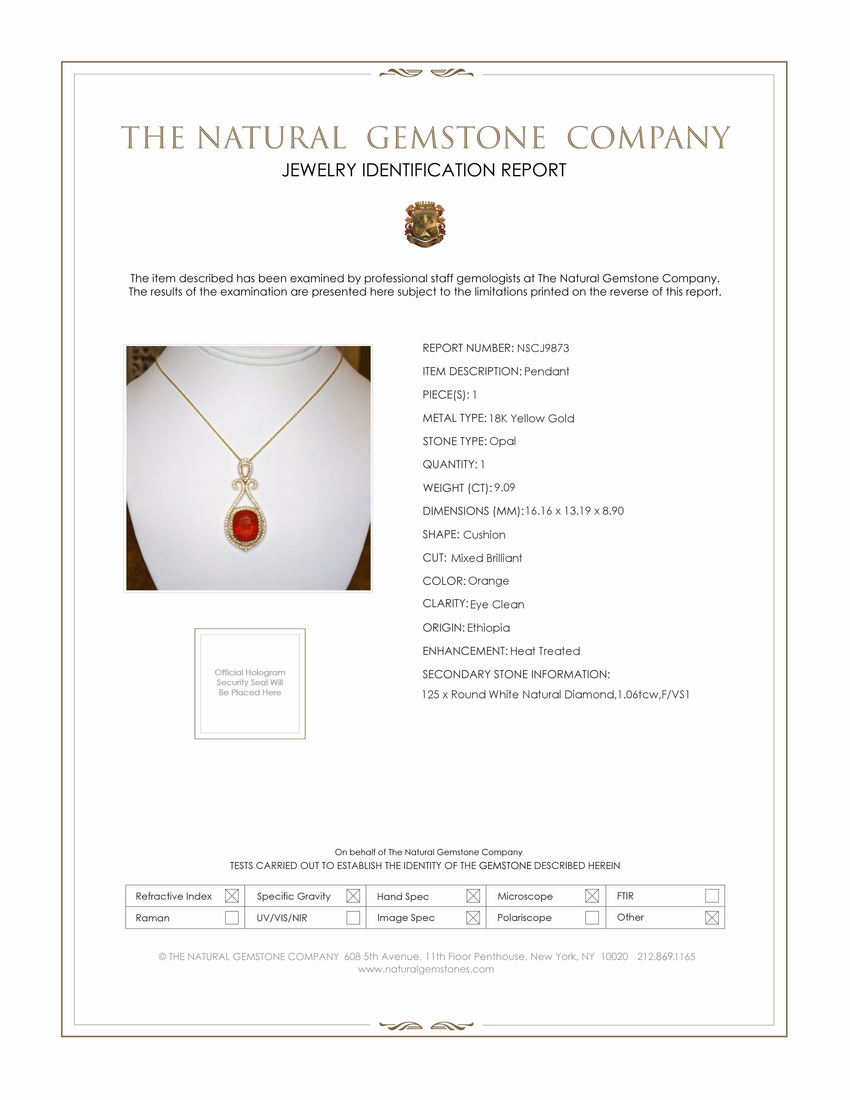 9.09 Ct. Opal Natural Diamond Pave Pendant, 18K Yellow Gold