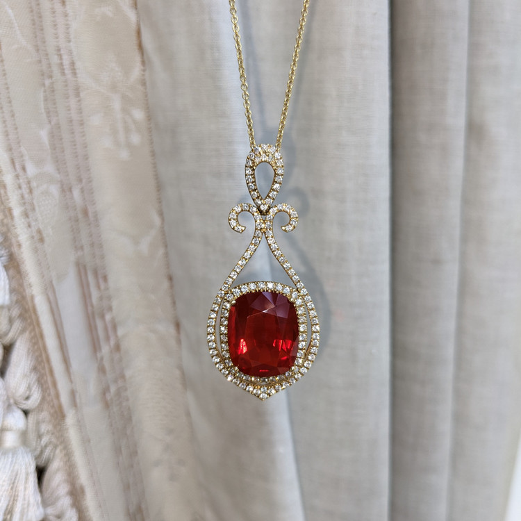 9.09 Ct. Opal Natural Diamond Pave Pendant, 18K Yellow Gold