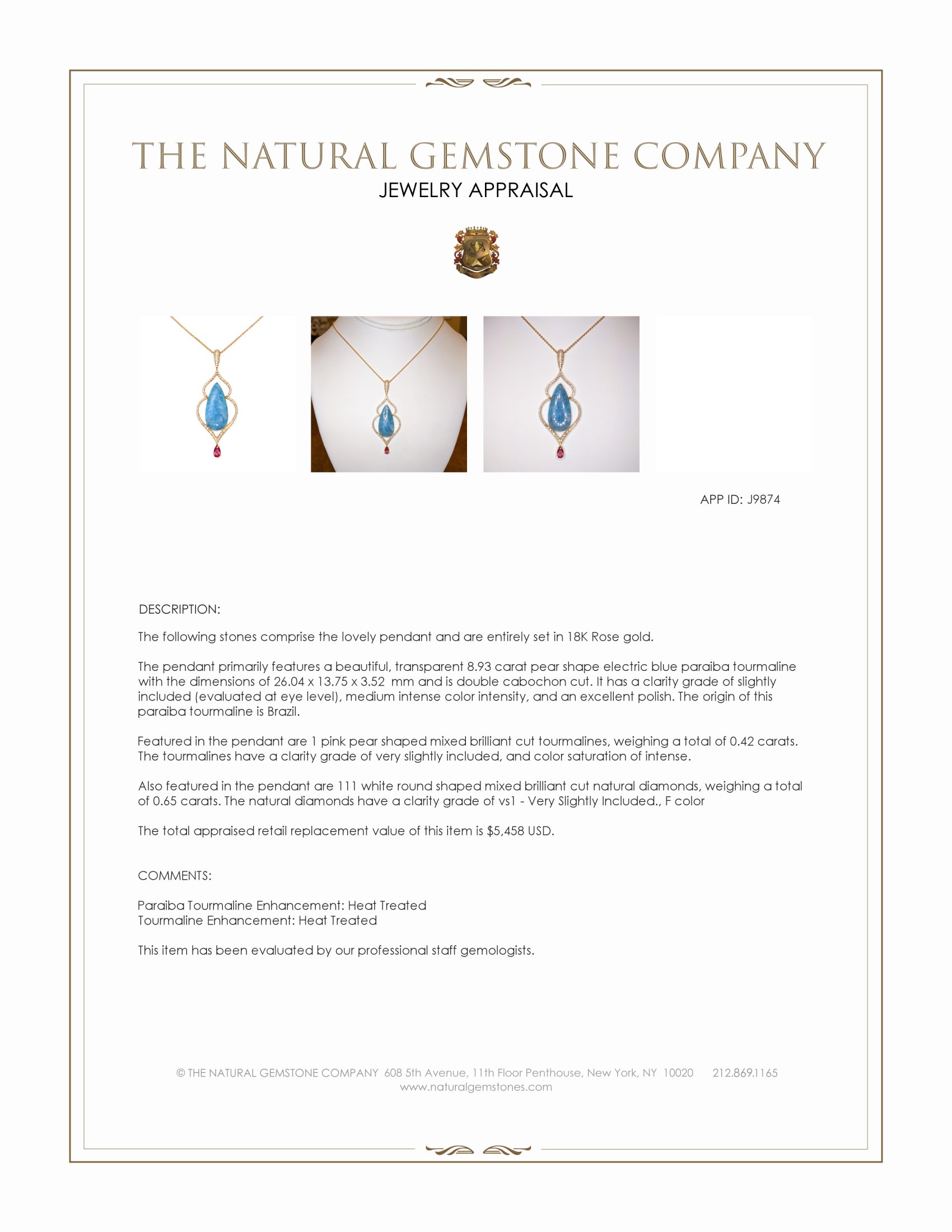 8.93 Ct. Paraiba Tourmaline Natural Diamond Pave Pendant, 18K Rose Gold