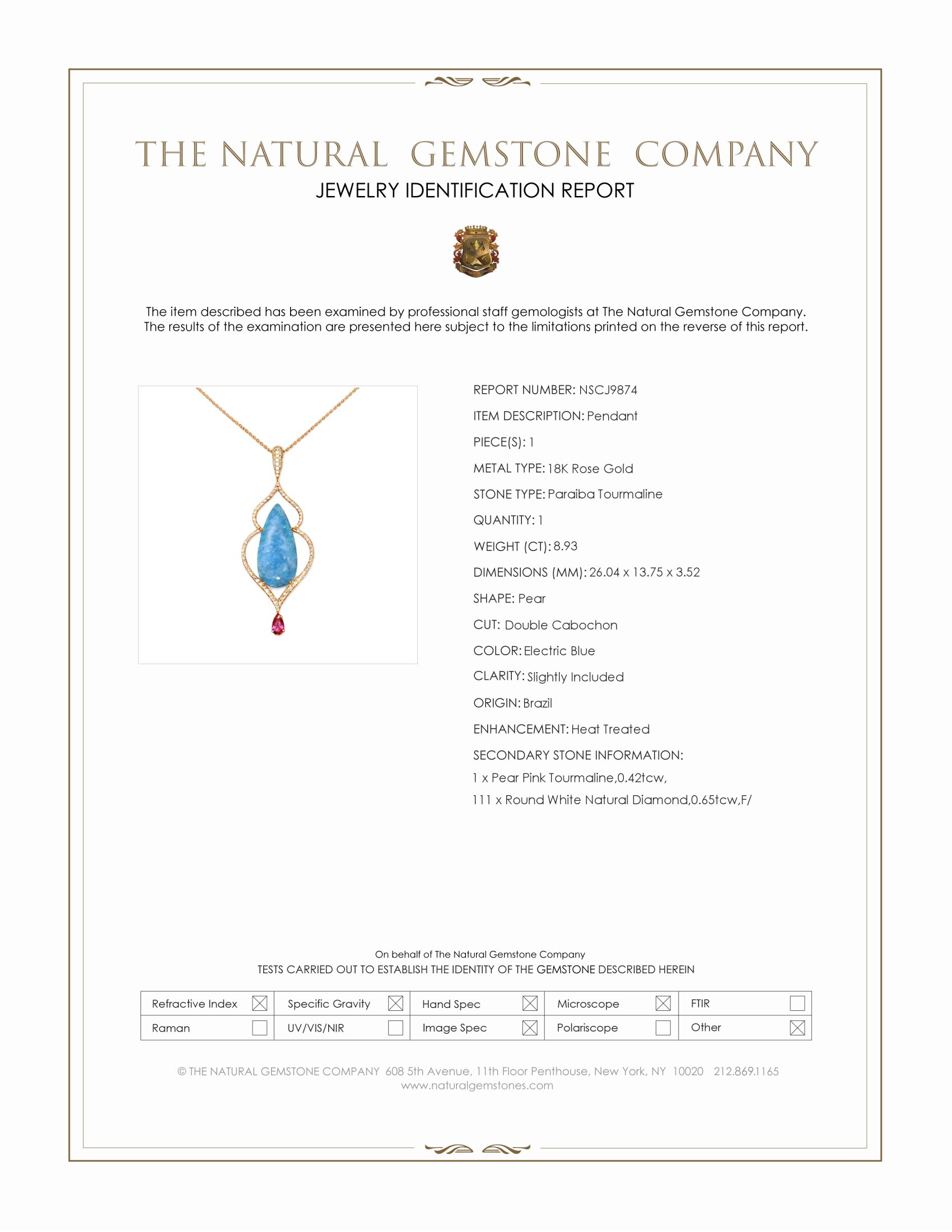 8.93 Ct. Electric Blue Paraiba Tourmaline, Natural Diamond and Pink Tourmaline Pave Pendant, 18K Rose Gold