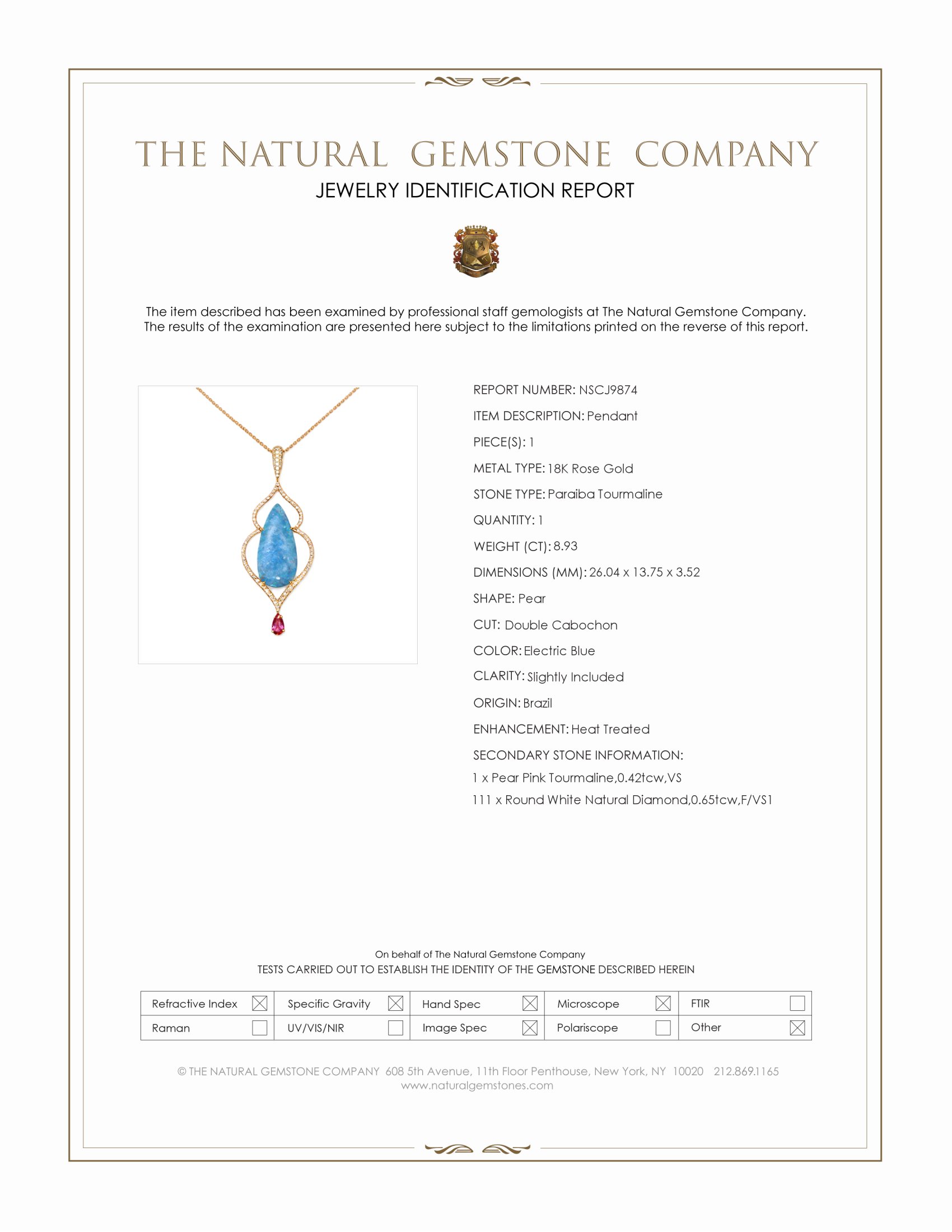 8.93 Ct. Electric Blue Paraiba Tourmaline, Natural Diamond and Pink Tourmaline Pave Pendant, 18K Rose Gold