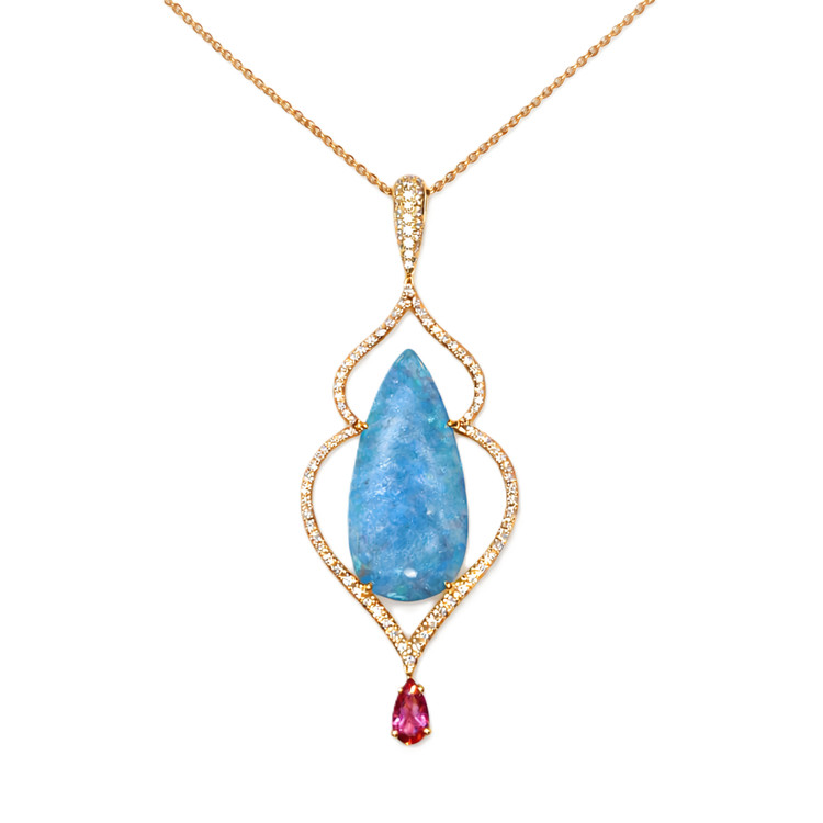 8.93 Ct. Electric Blue Paraiba Tourmaline, Natural Diamond and Pink Tourmaline Pave Pendant, 18K Rose Gold