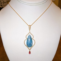 8.93 Ct. Electric Blue Paraiba Tourmaline, Natural Diamond and Pink Tourmaline Pave Pendant, 18K Rose Gold Image