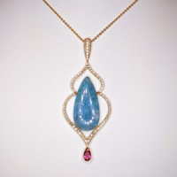 8.93 Ct. Electric Blue Paraiba Tourmaline, Natural Diamond and Pink Tourmaline Pave Pendant, 18K Rose Gold Image