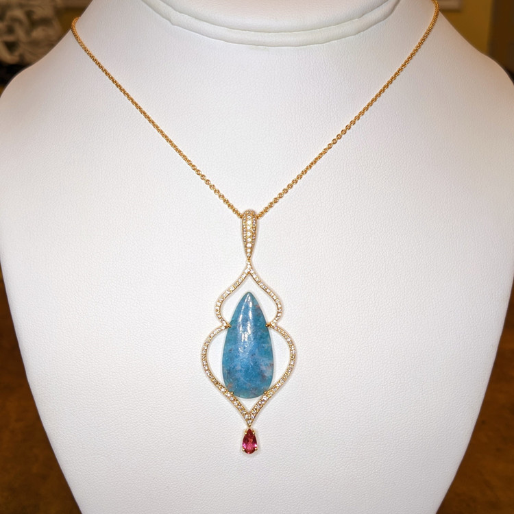 8.93 Ct. Paraiba Tourmaline Natural Diamond Pave Pendant, 18K Rose Gold