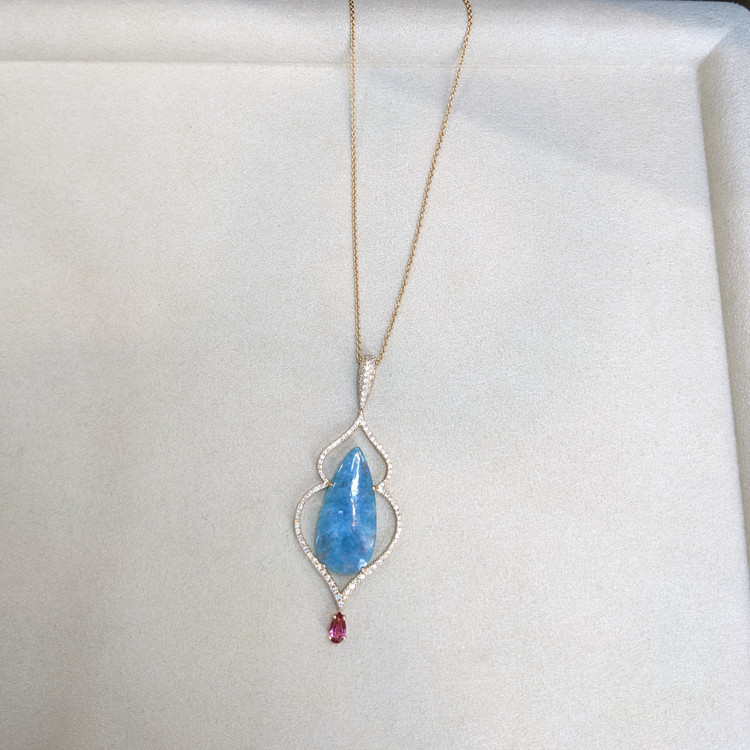 8.93 Ct. Paraiba Tourmaline Natural Diamond Pave Pendant, 18K Rose Gold