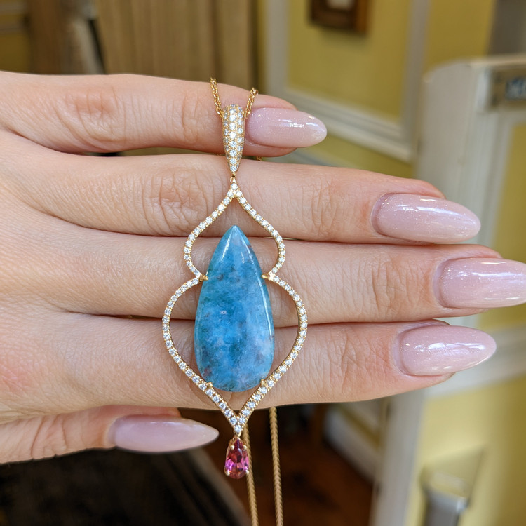 8.93 Ct. Paraiba Tourmaline Natural Diamond Pave Pendant, 18K Rose Gold