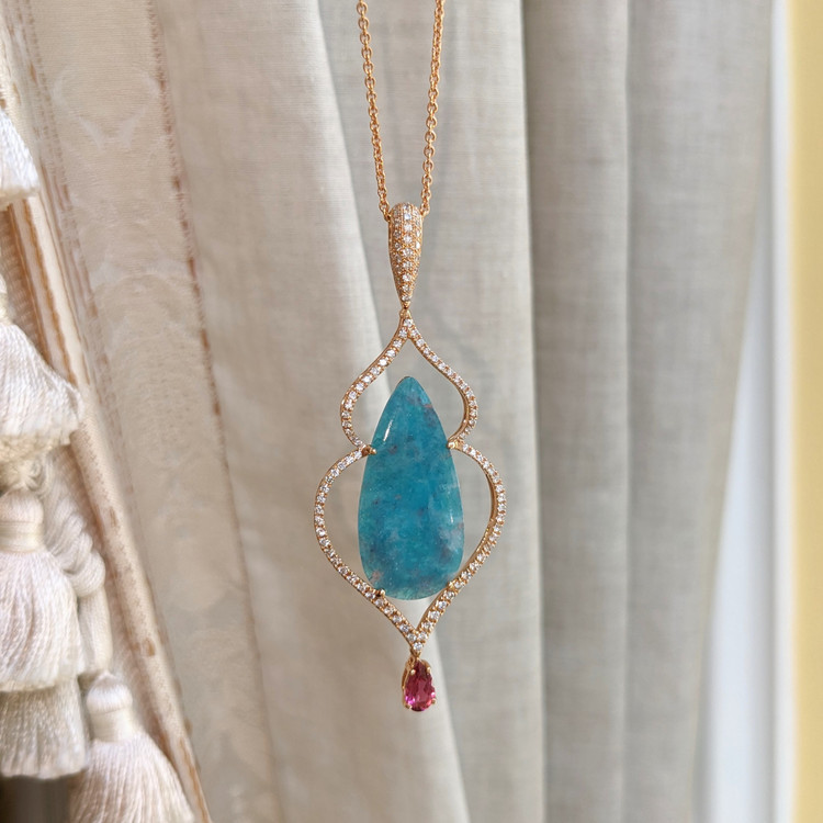 8.93 Ct. Paraiba Tourmaline Natural Diamond Pave Pendant, 18K Rose Gold