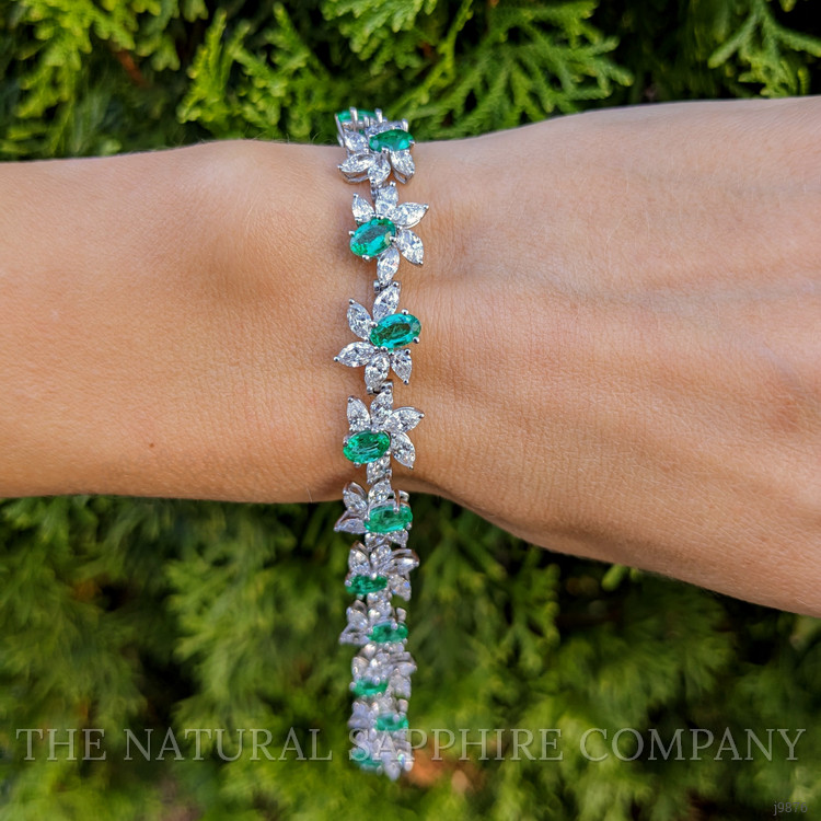 6.57 Ct.Tw. Emerald Natural Diamond Antique Style Bracelet, 18K White Gold