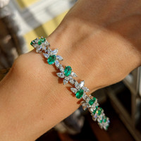 6.57 Ct.Tw. Emerald Natural Diamond Antique Style Bracelet, 18K White Gold Life Style