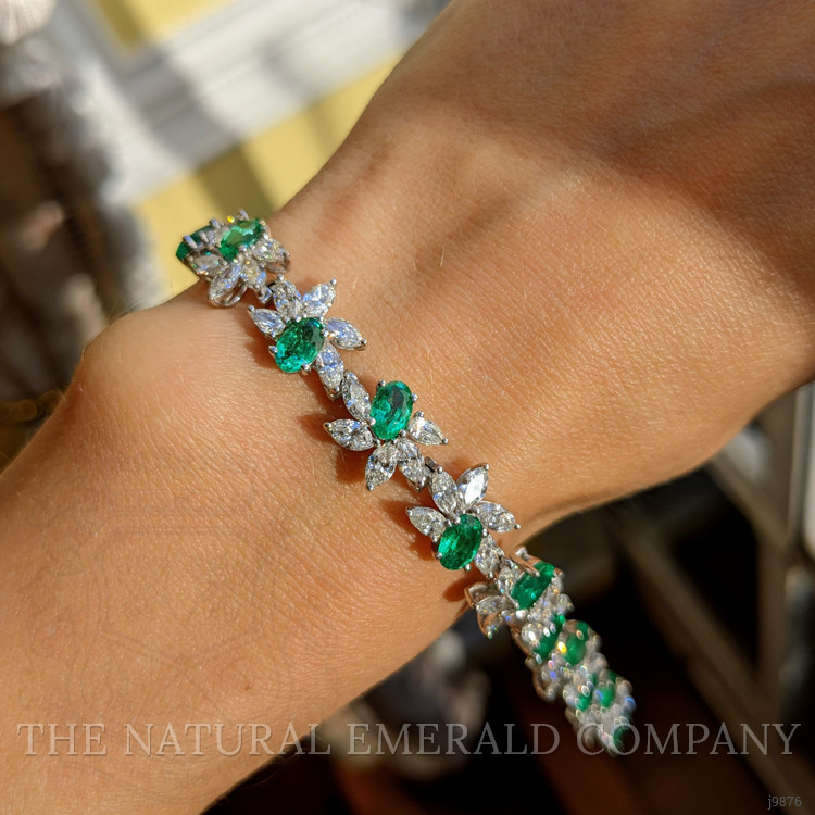 6.57 Ct.Tw. Emerald Natural Diamond Antique Style Bracelet, 18K White Gold