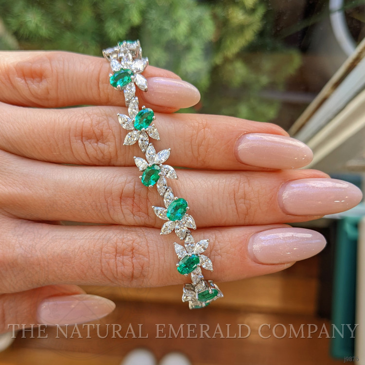 6.57 Ct.Tw. Emerald Natural Diamond Antique Style Bracelet, 18K White Gold