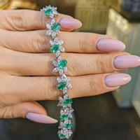 6.57 Ct.Tw. Emerald Natural Diamond Antique Style Bracelet, 18K White Gold Life Style