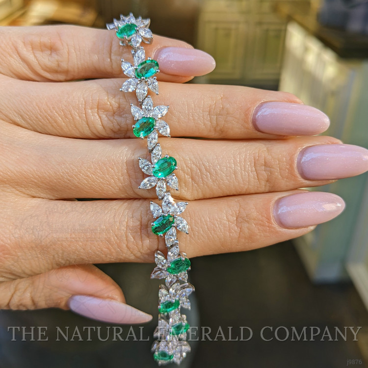 6.57 Ct.Tw. Emerald Natural Diamond Antique Style Bracelet, 18K White Gold