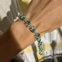 6.57 Ct.Tw. Emerald Natural Diamond Antique Style Bracelet, 18K White Gold Life Style
