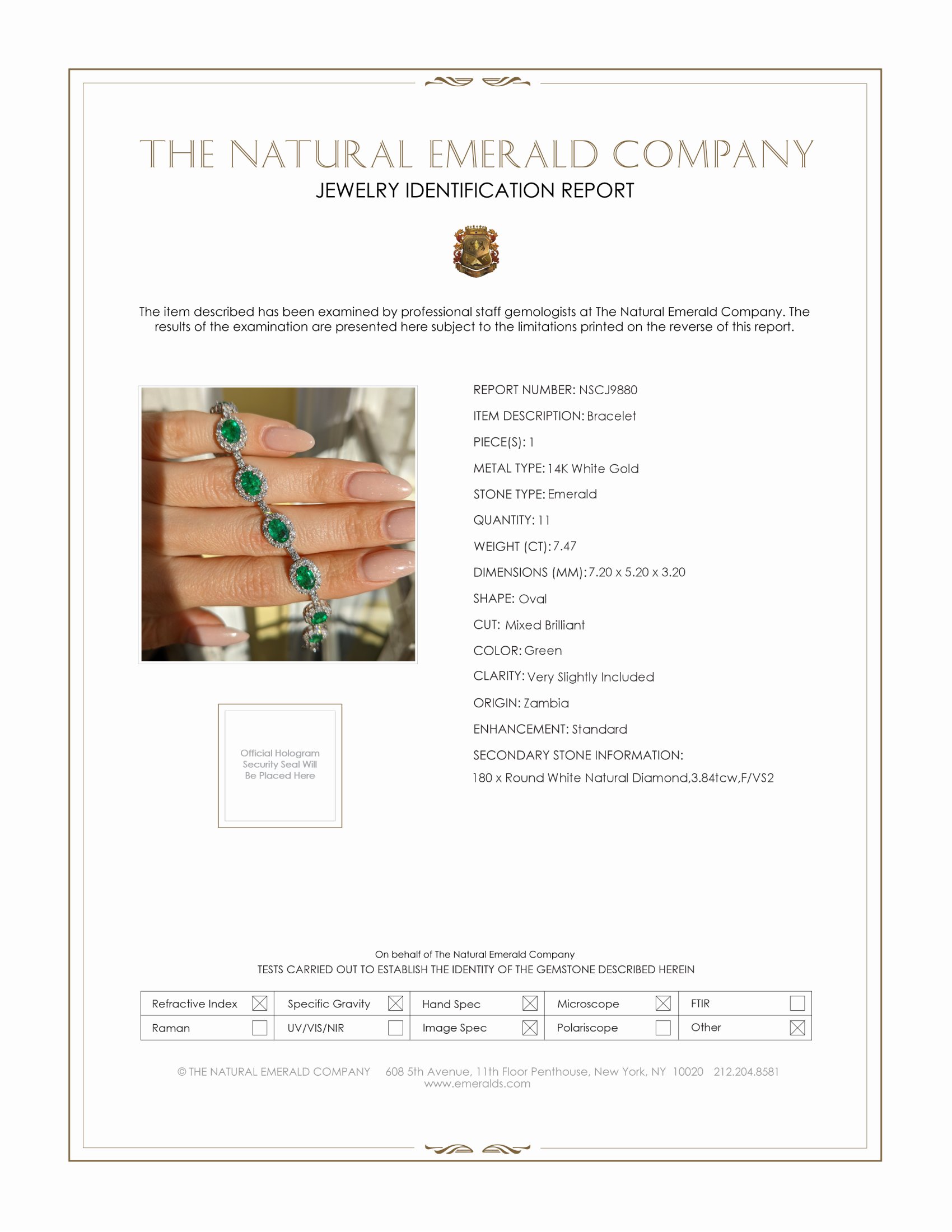 7.47 Ct.Tw. Emerald and Natural Diamond Pave Bracelet, 14K White Gold