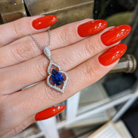 2.90 Ct. Blue Sapphire and Natural Diamond Pave Pendant, 18K White Gold Life Style