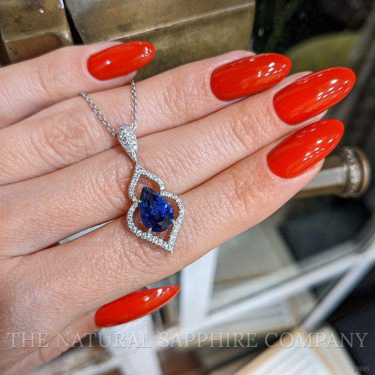 2.90 Ct. Blue Sapphire and Natural Diamond Pave Pendant, 18K White Gold