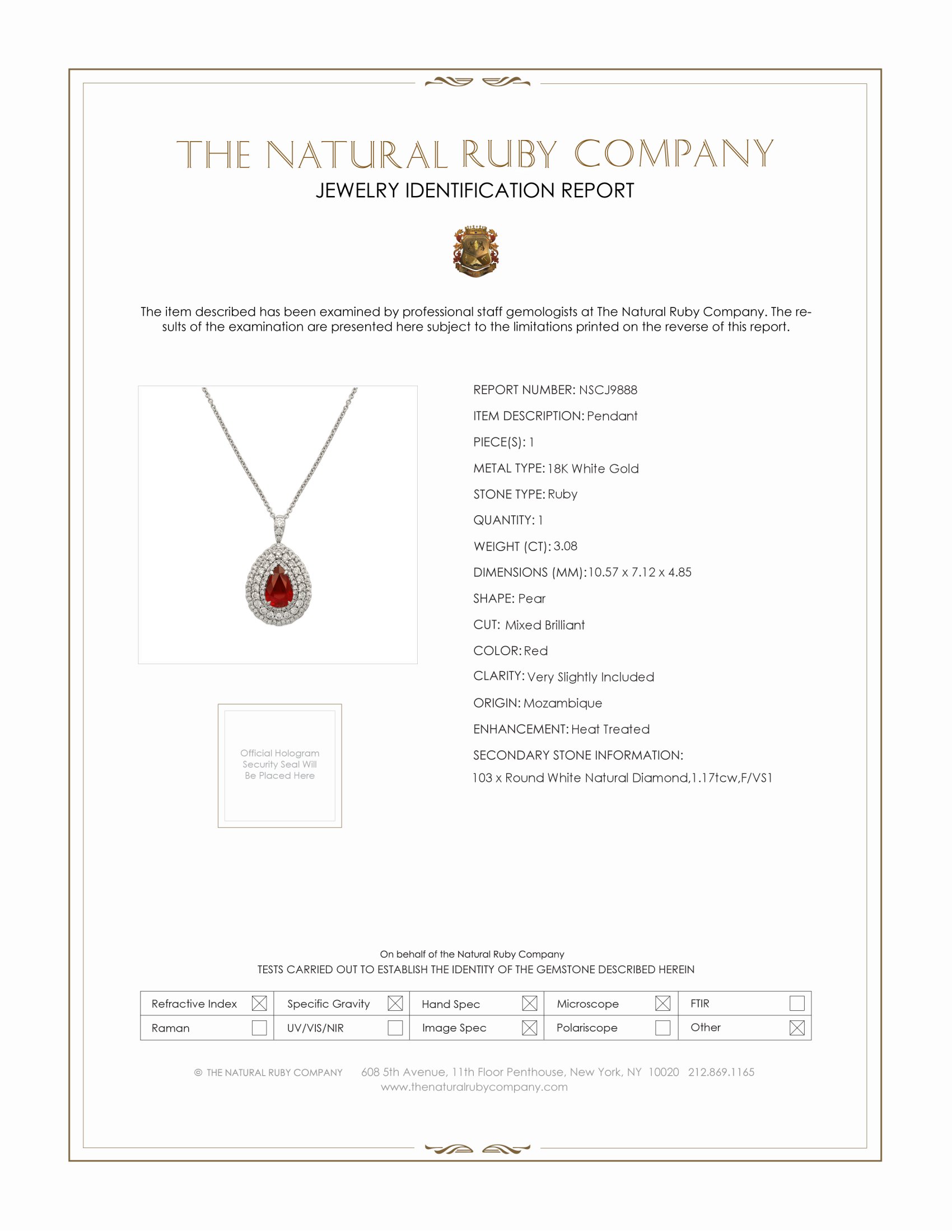 3.08 Ct. Ruby Natural Diamond Pave Pendant, 18K White Gold