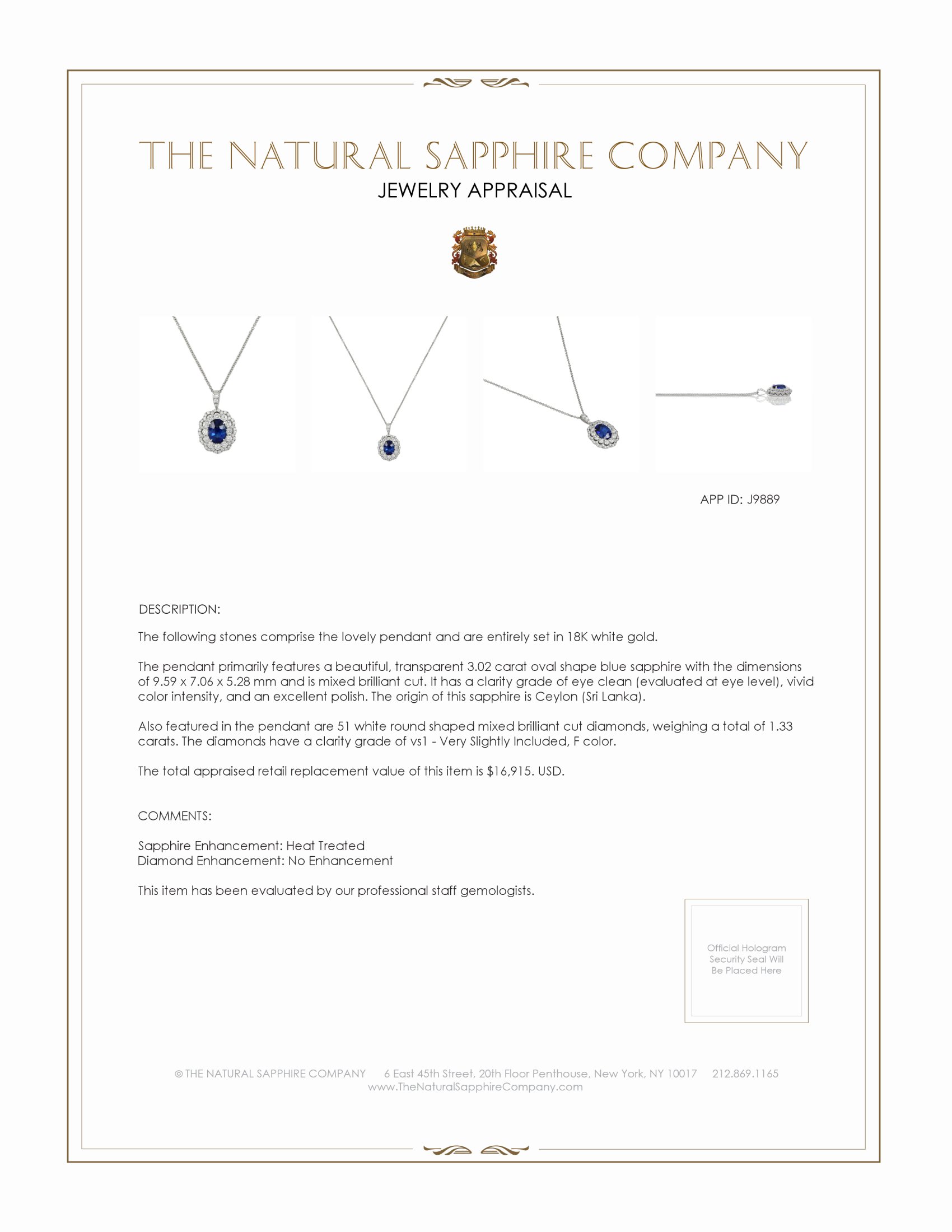 3.02 Ct. Blue Sapphire and Natural Diamond Pave Pendant, 18K White Gold