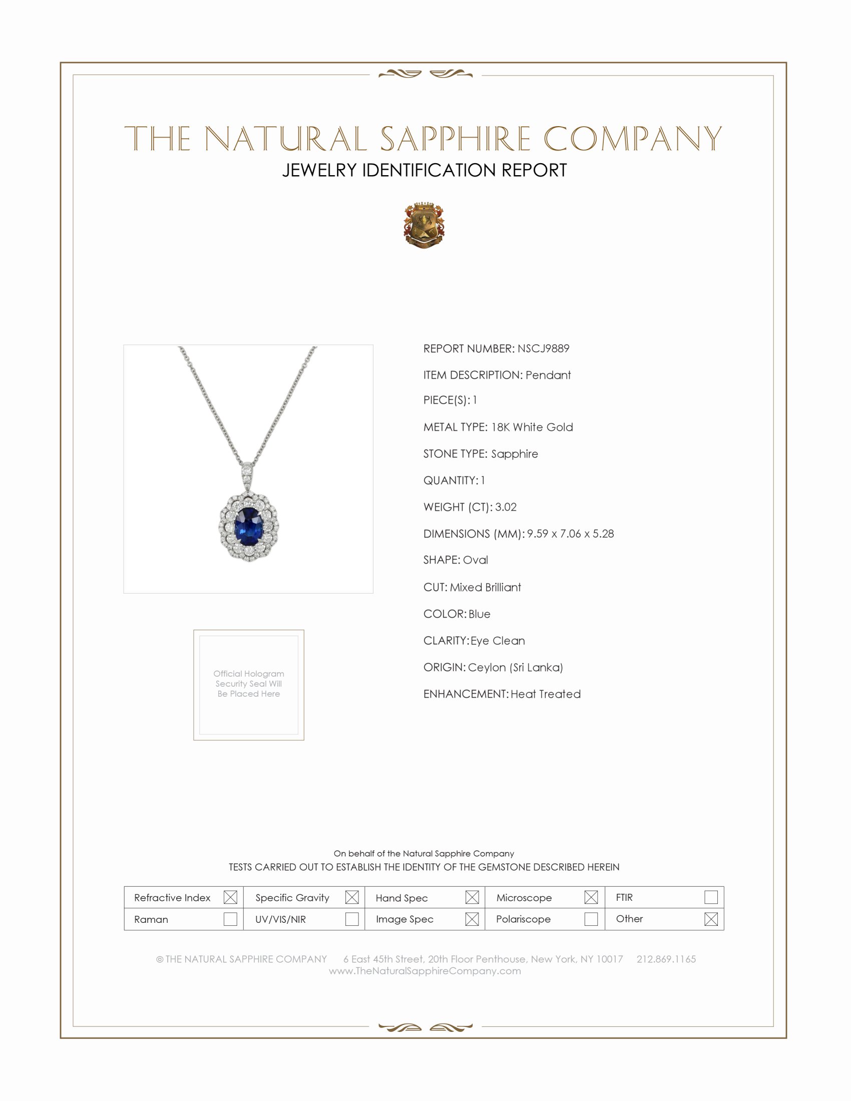 3.02 Ct. Blue Sapphire and Natural Diamond Pave Pendant, 18K White Gold