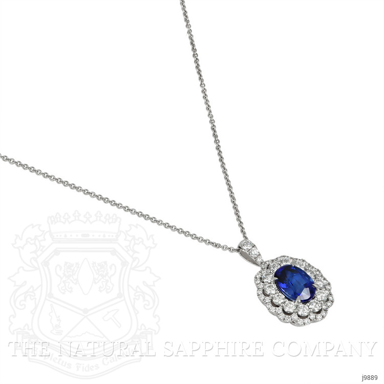 3.02 Ct. Blue Sapphire and Natural Diamond Pave Pendant, 18K White Gold
