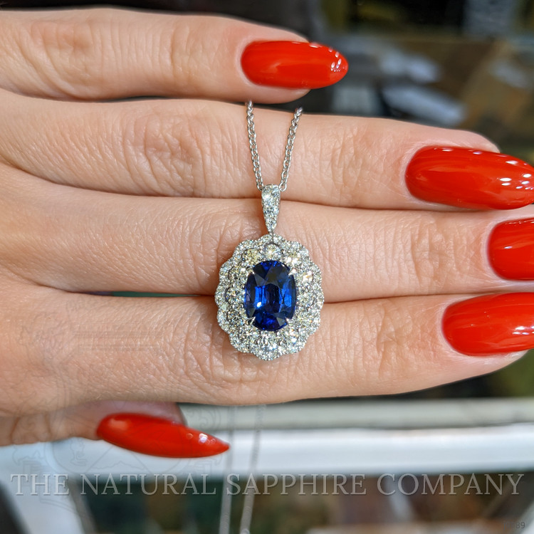 3.02 Ct. Blue Sapphire and Natural Diamond Pave Pendant, 18K White Gold