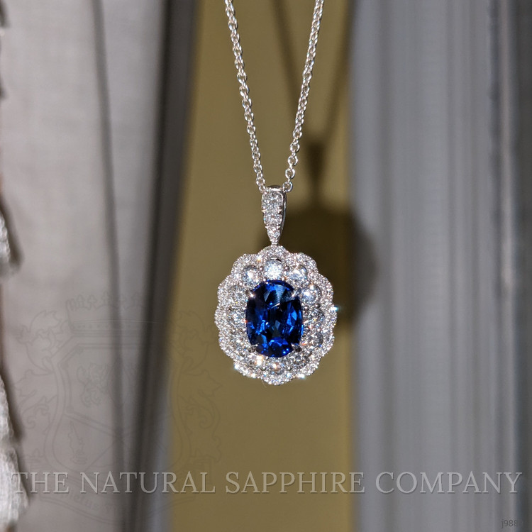 3.02 Ct. Blue Sapphire and Natural Diamond Pave Pendant, 18K White Gold