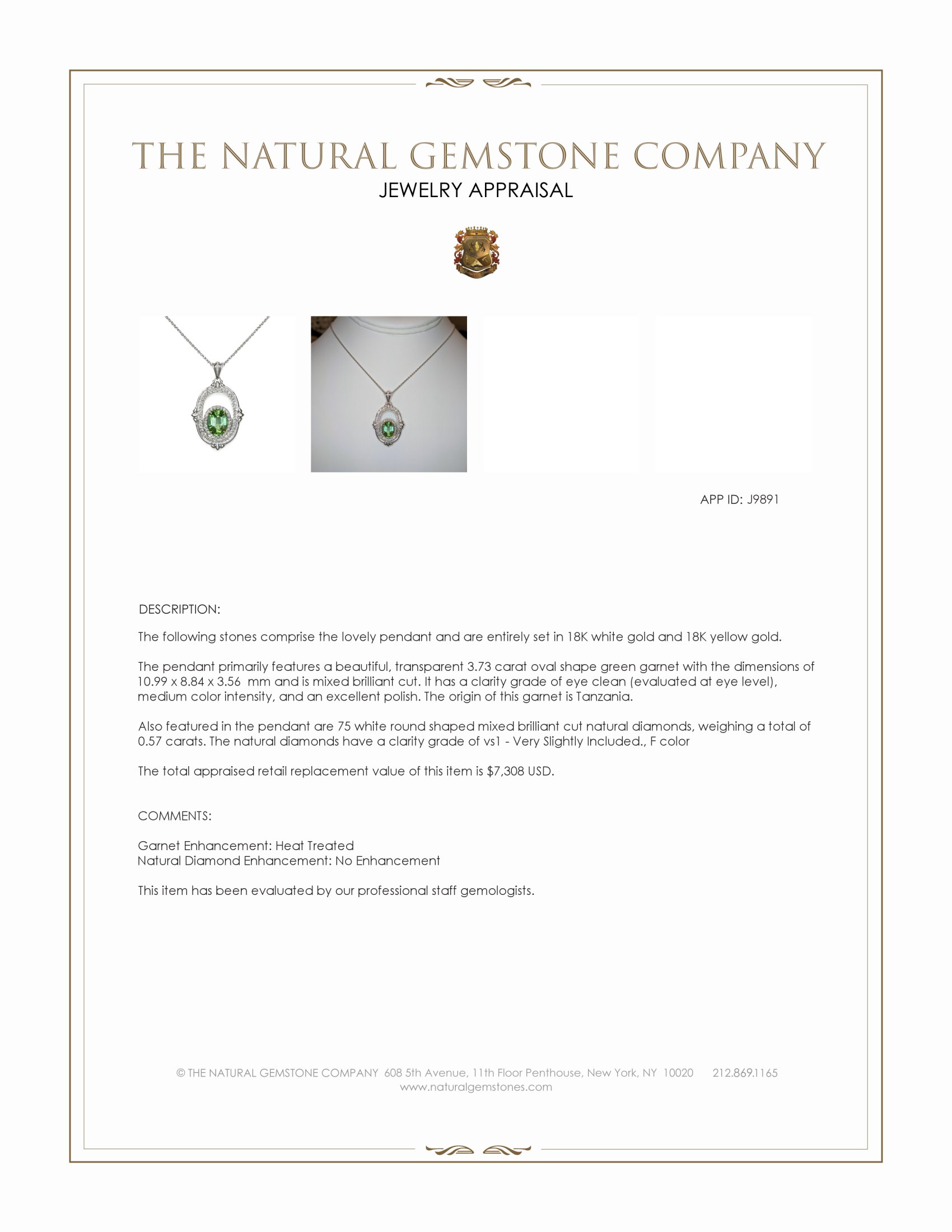 3.73 Ct. Green Garnet and Natural Diamond Pave Pendant, 18K White & Yellow