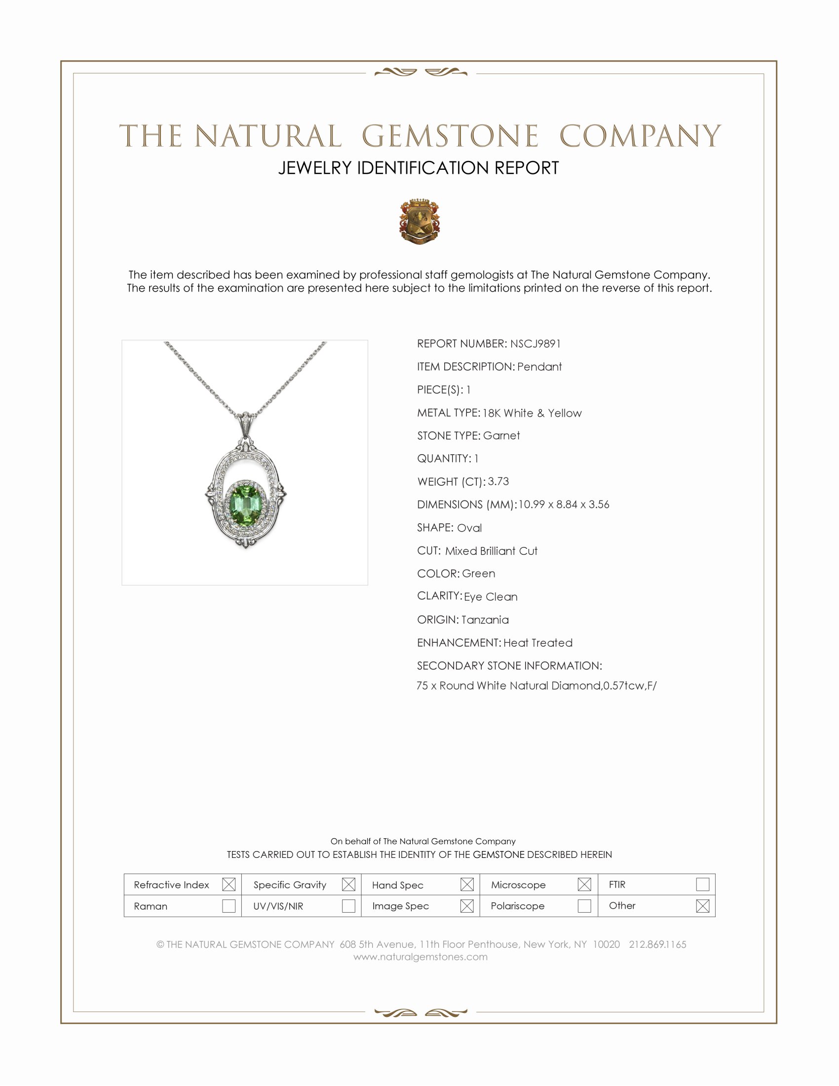 3.73 Ct. Green Garnet and Natural Diamond Pave Pendant, 18K White & Yellow