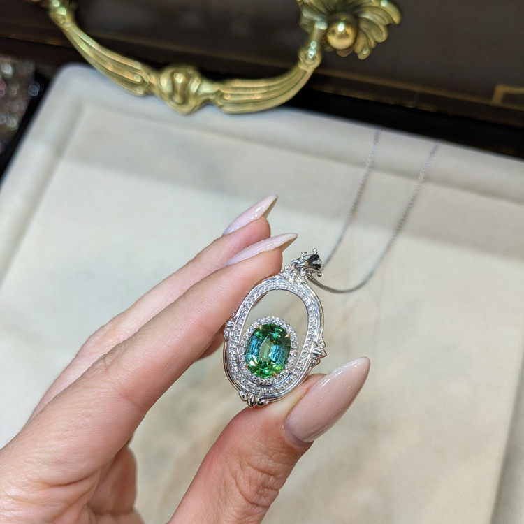 3.73 Ct. Garnet Natural Diamond Pave Pendant, 18K White & Yellow