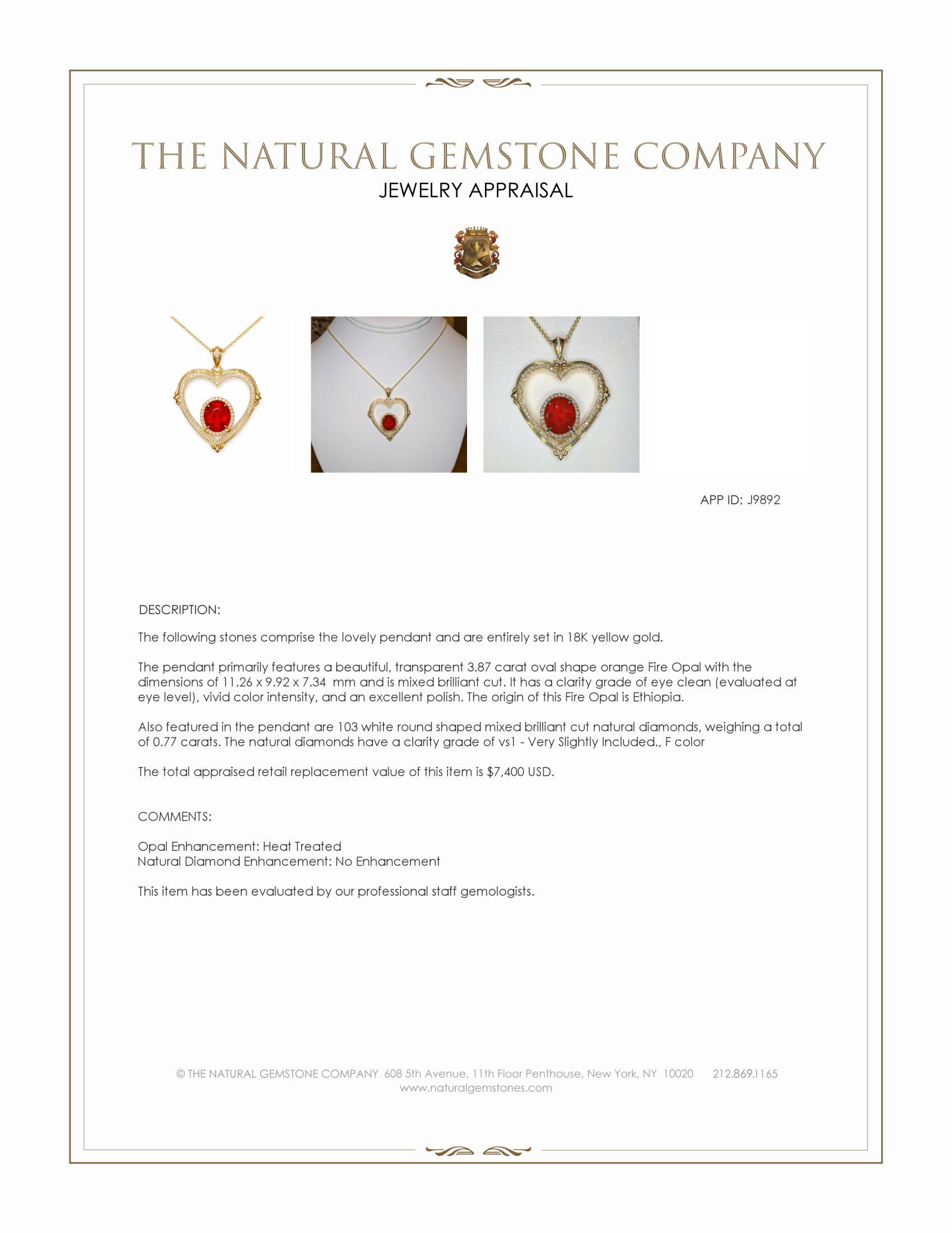 3.87 Ct. Orange Opal and Natural Diamond Pave Pendant, 18K Yellow Gold