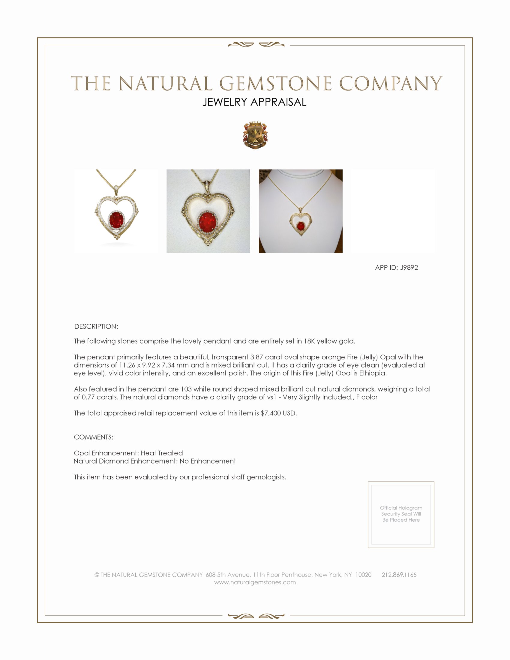 3.87 Ct. Opal Natural Diamond Pave Pendant, 18K Yellow Gold