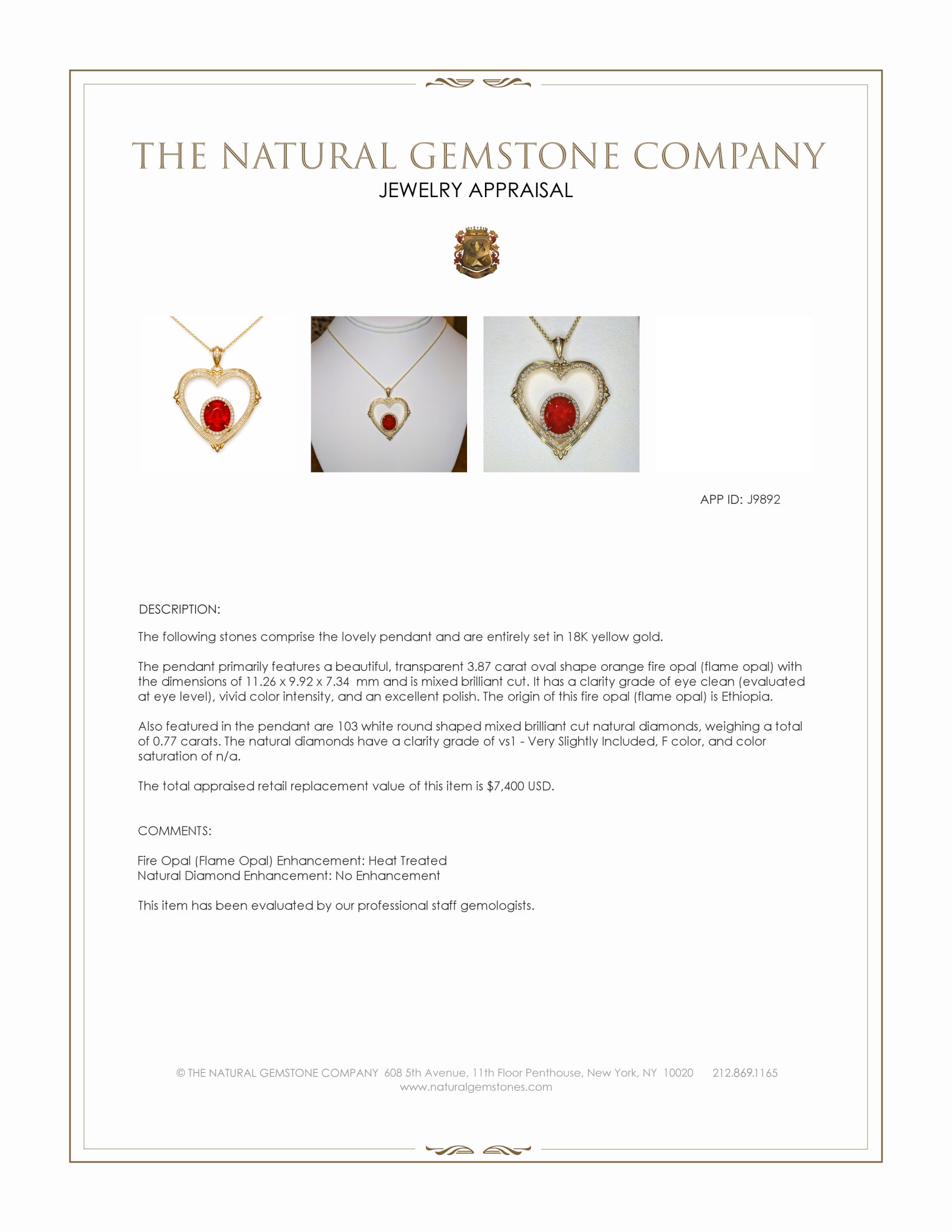 3.87 Ct. Orange Fire Opal (Flame Opal) and Natural Diamond Pave Pendant, 18K Yellow Gold