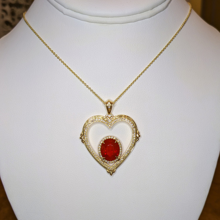 3.87 Ct. Orange Opal and Natural Diamond Pave Pendant, 18K Yellow Gold