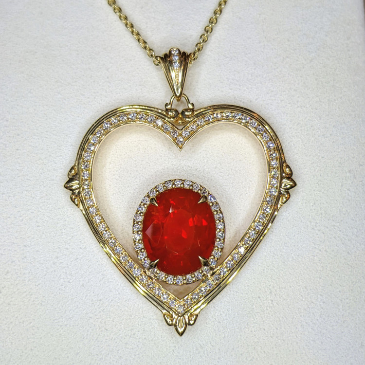 3.87 Ct. Orange Opal and Natural Diamond Pave Pendant, 18K Yellow Gold