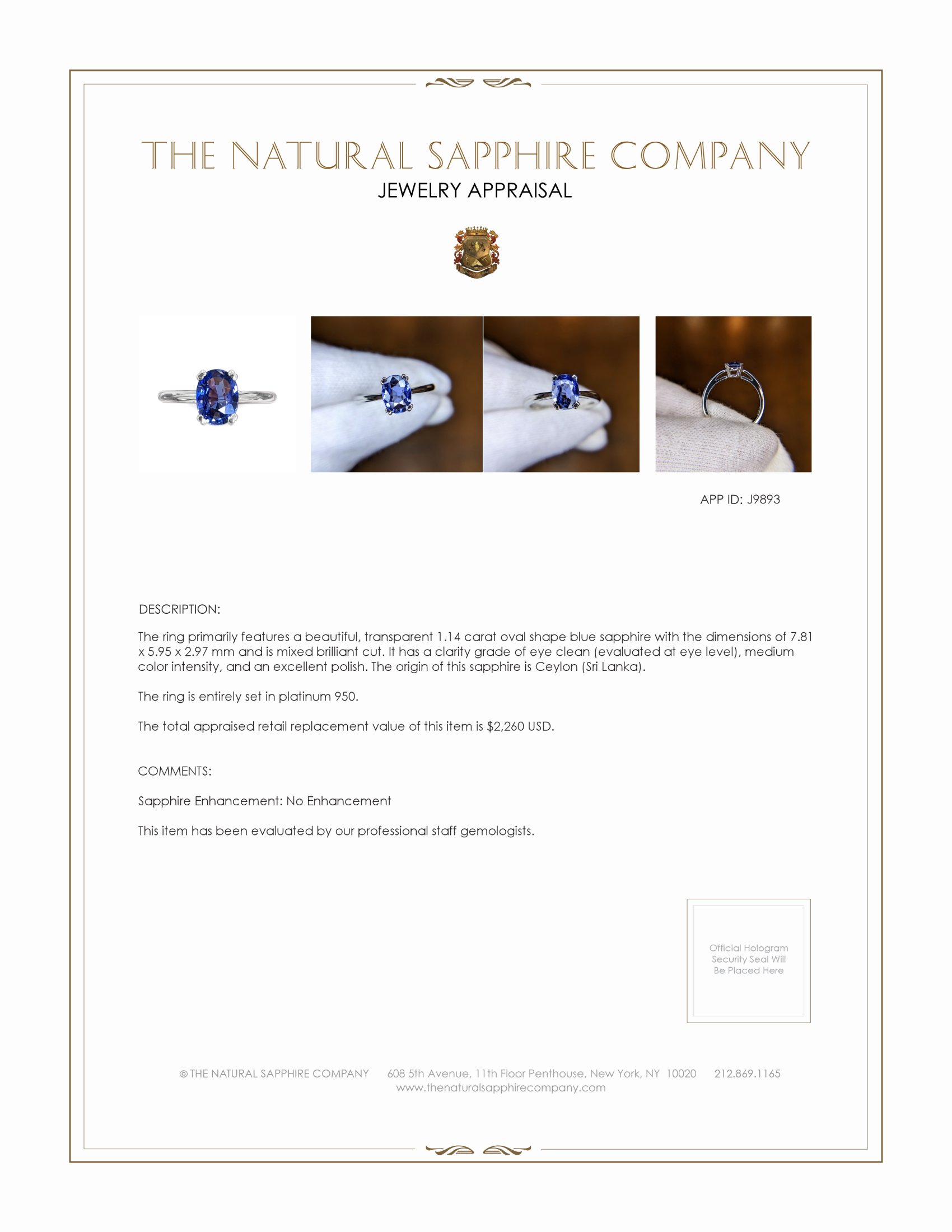 1.14 Ct. Blue Sapphire Solitaire Ring, Platinum 950