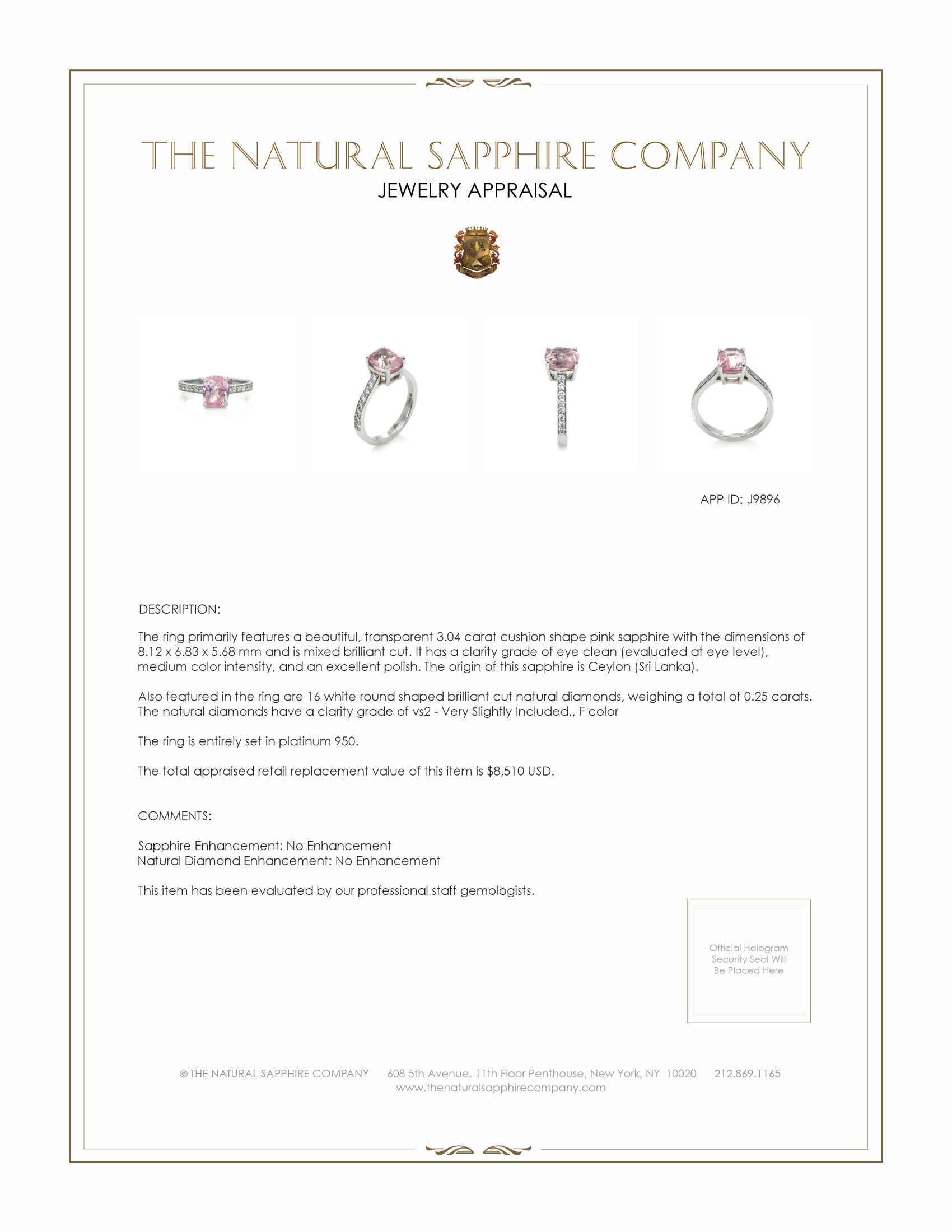 3.04 Ct. Pink Sapphire and Natural Diamond Pave Ring, Platinum 950