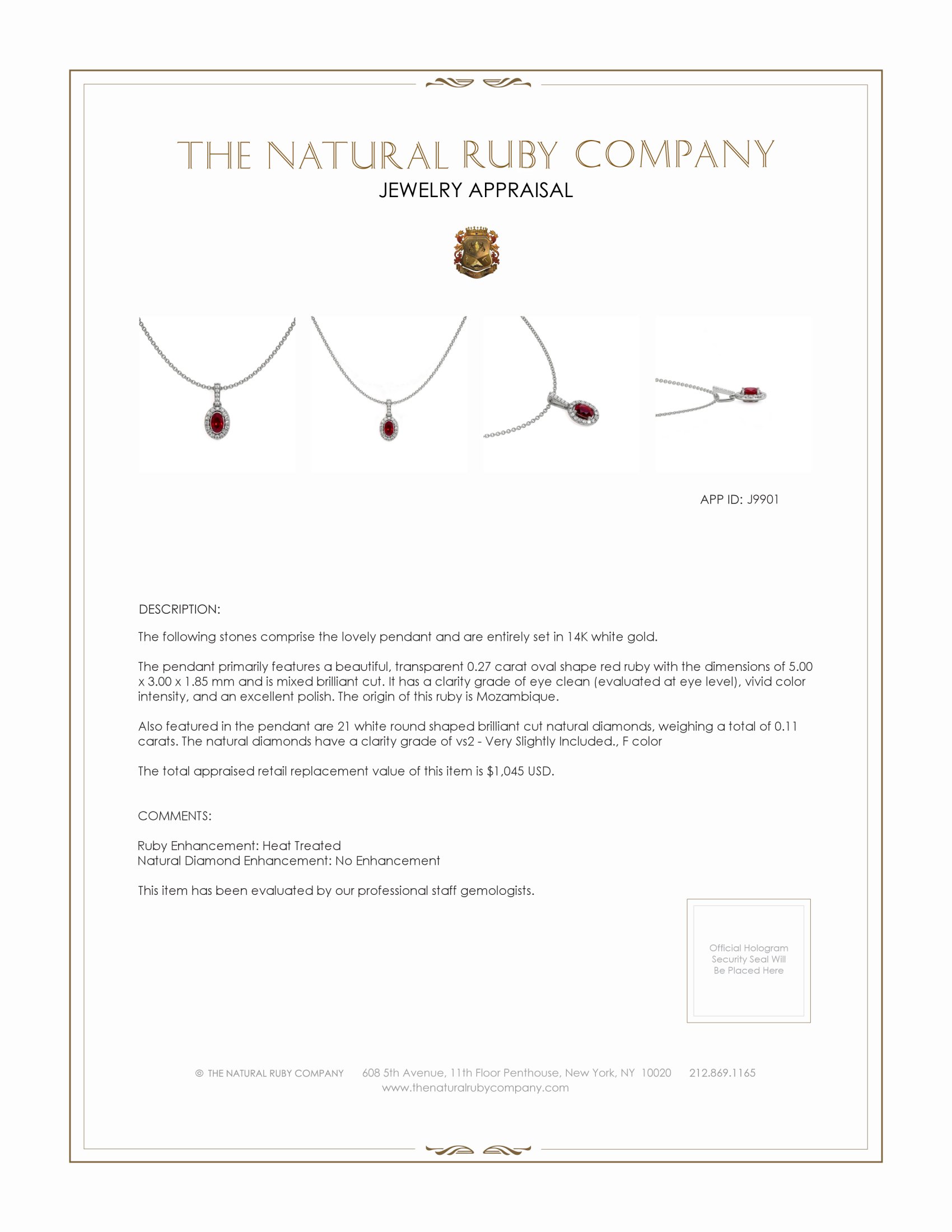 0.27 Ct. Ruby and Natural Diamond Pave Pendant, 14K White Gold