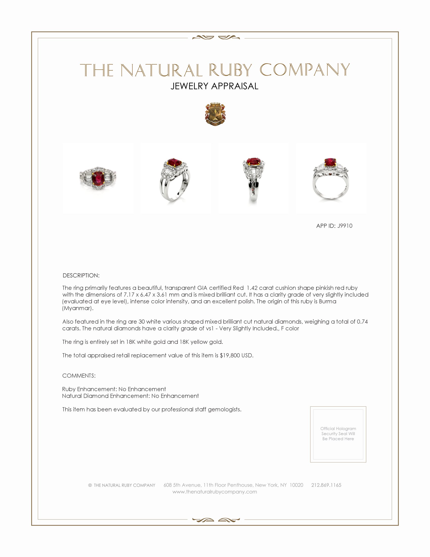 1.42 Ct. Ruby Natural Diamond Pave Ring, 18K White & Yellow