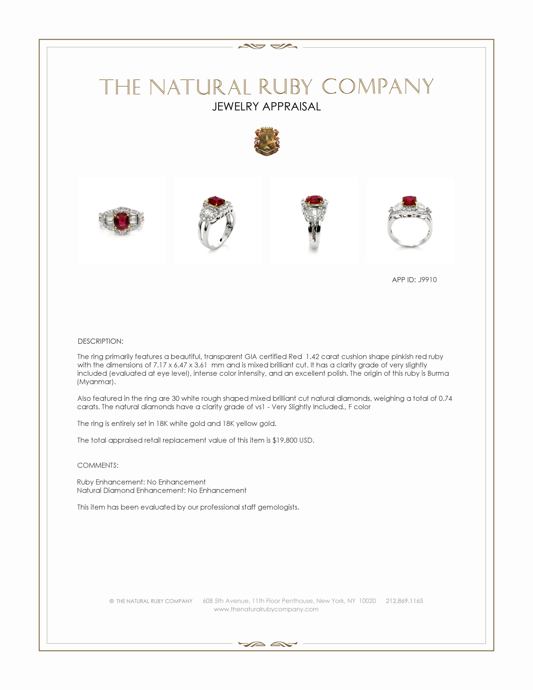 1.42 Ct. Pinkish Red Ruby and Natural Diamond Pave Ring, 18K White & Yellow