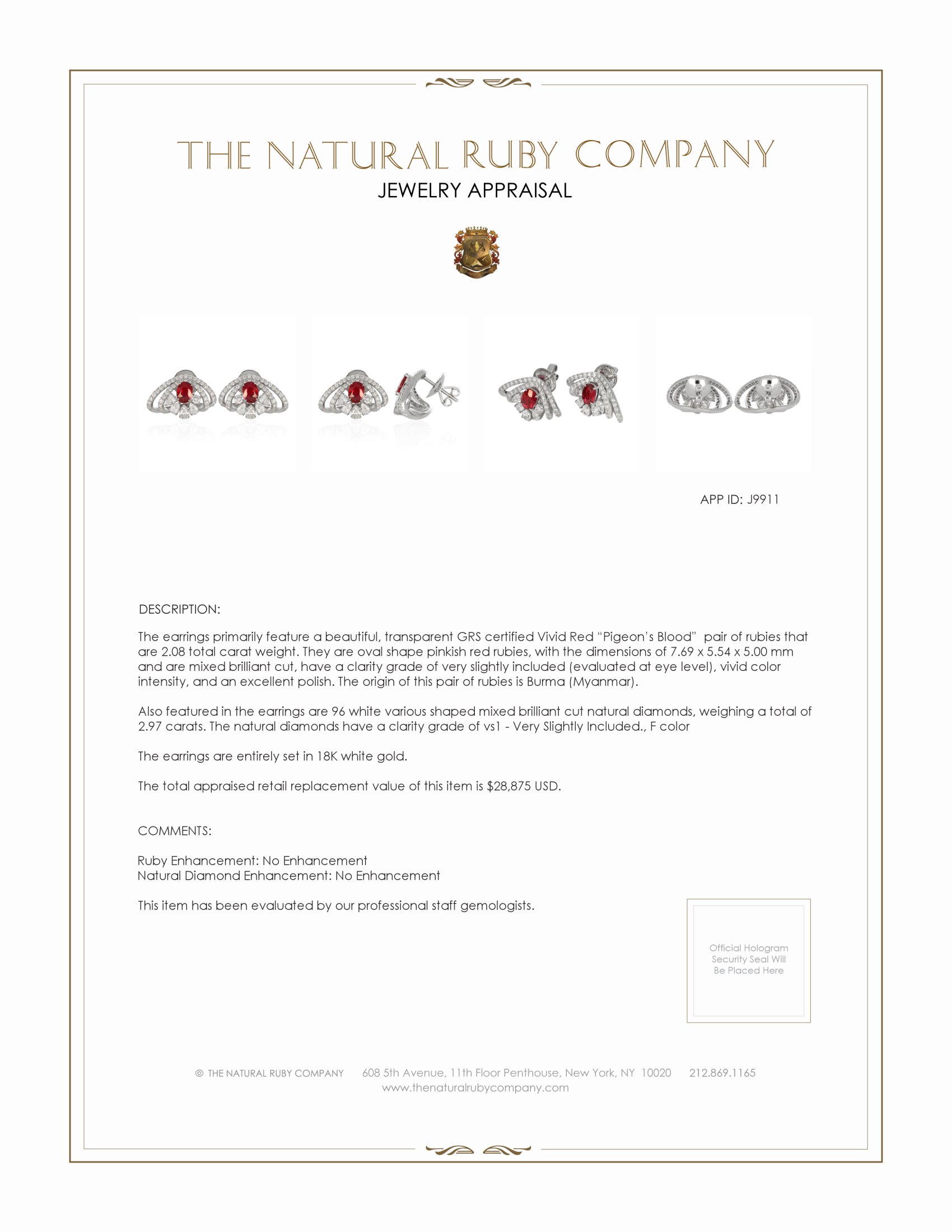 2.08 Ct.Tw. Pinkish Red Ruby and Natural Diamond Pave Earrings, 18K White Gold