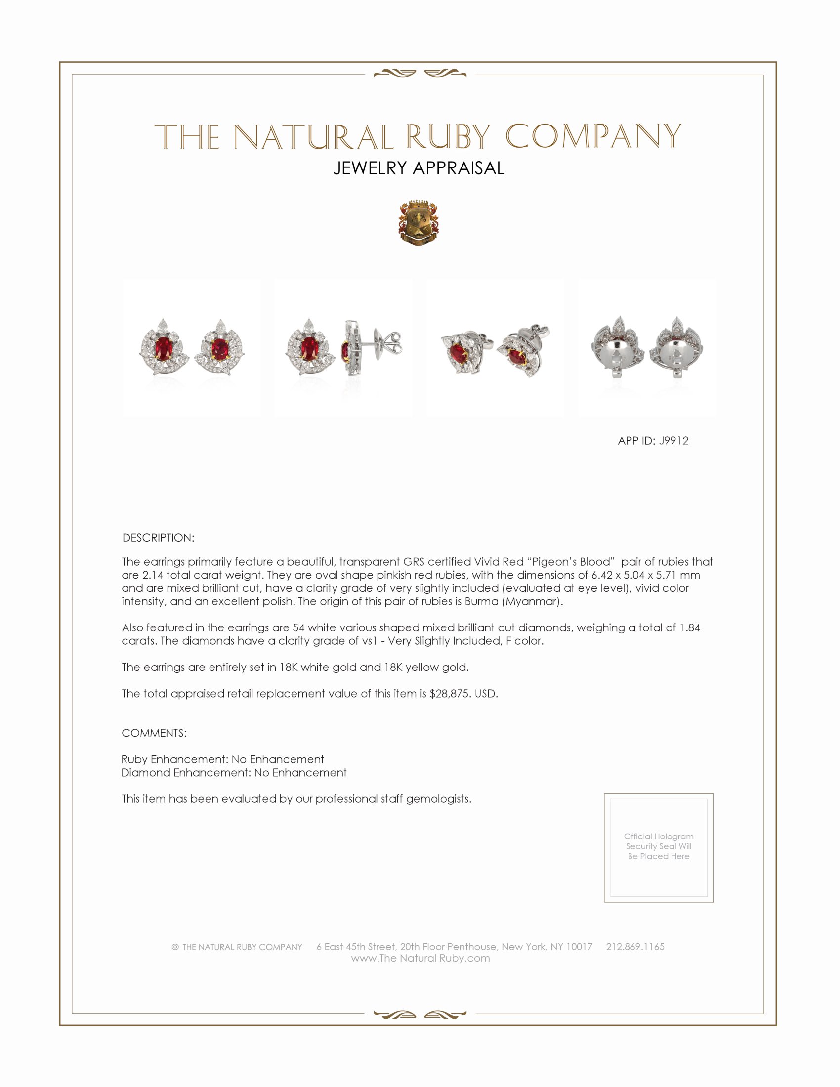 2.14 Ct.Tw. Pinkish Red Ruby and Natural Diamond Pave Earrings, 18K White & Yellow