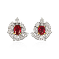 2.14 Ct.Tw.Total Carat Weight Pinkish Red Ruby and Natural Diamond Pave Earrings, 18K White & Yellow Video