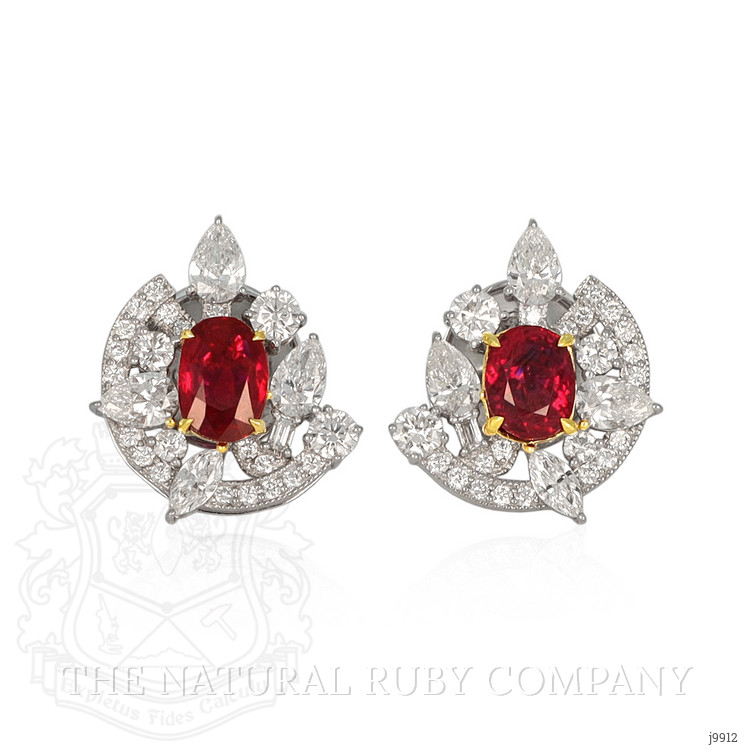 2.14 Ct.Tw. Pinkish Red Ruby and Natural Diamond Pave Earrings, 18K White & Yellow