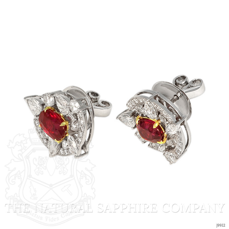 2.14 Ct.Tw. Pinkish Red Ruby and Natural Diamond Pave Earrings, 18K White & Yellow